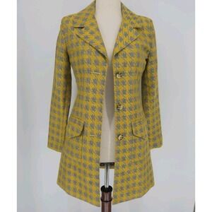 CAbi Yellow Gray Woven Long Blazer Jacket Women XS Tailored Houndstooth Coat